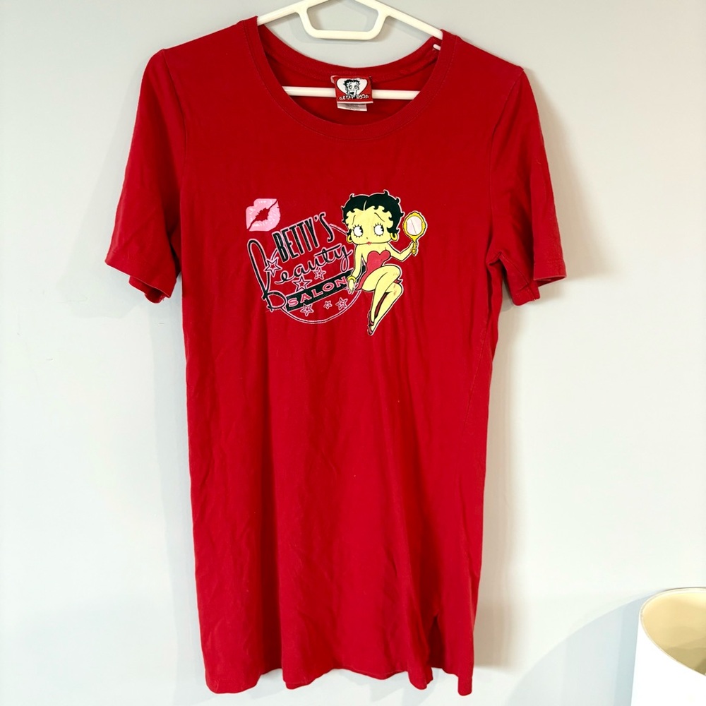 VINTAGE BETTY BOOP Retro Red Short Sleeve Tee Shirt Dress Pink Kiss Graphic - Picture 7 of 12